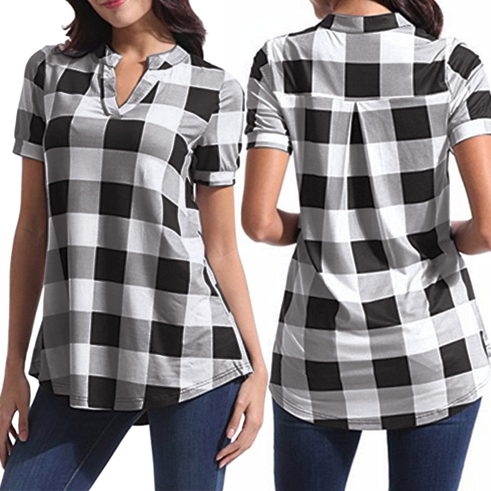 Women's Plaid Blouse Casual Short Sleeve Cotton V-neck