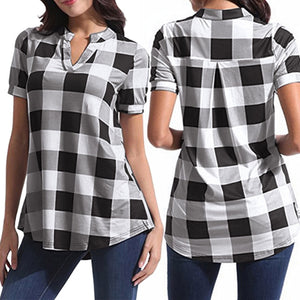 Women's Plaid Blouse Casual Short Sleeve Cotton V-neck