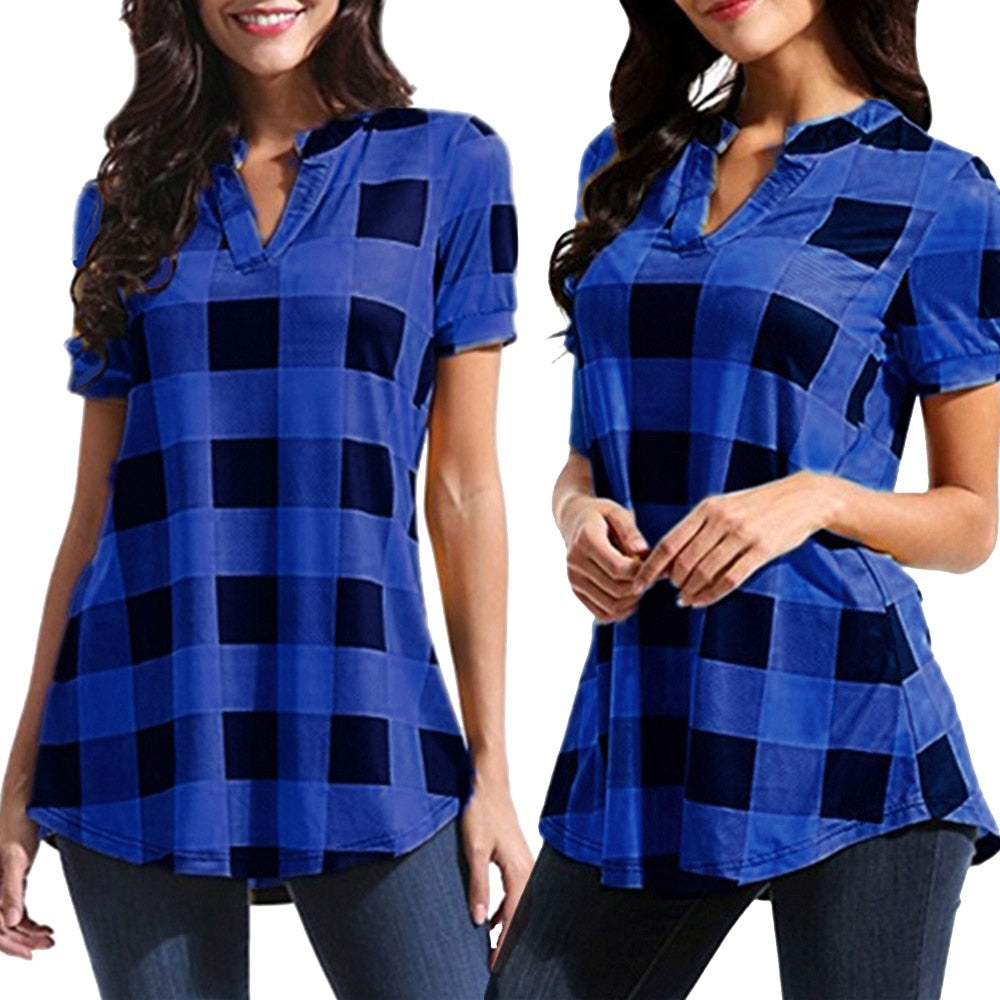 Women's Plaid Blouse Casual Short Sleeve Cotton V-neck