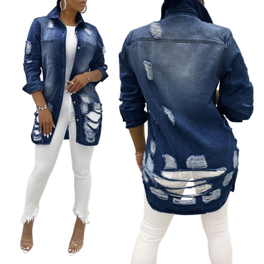 Denim Jackets Washed Blue Ripped Jeans Coat New Thin Women Jacket