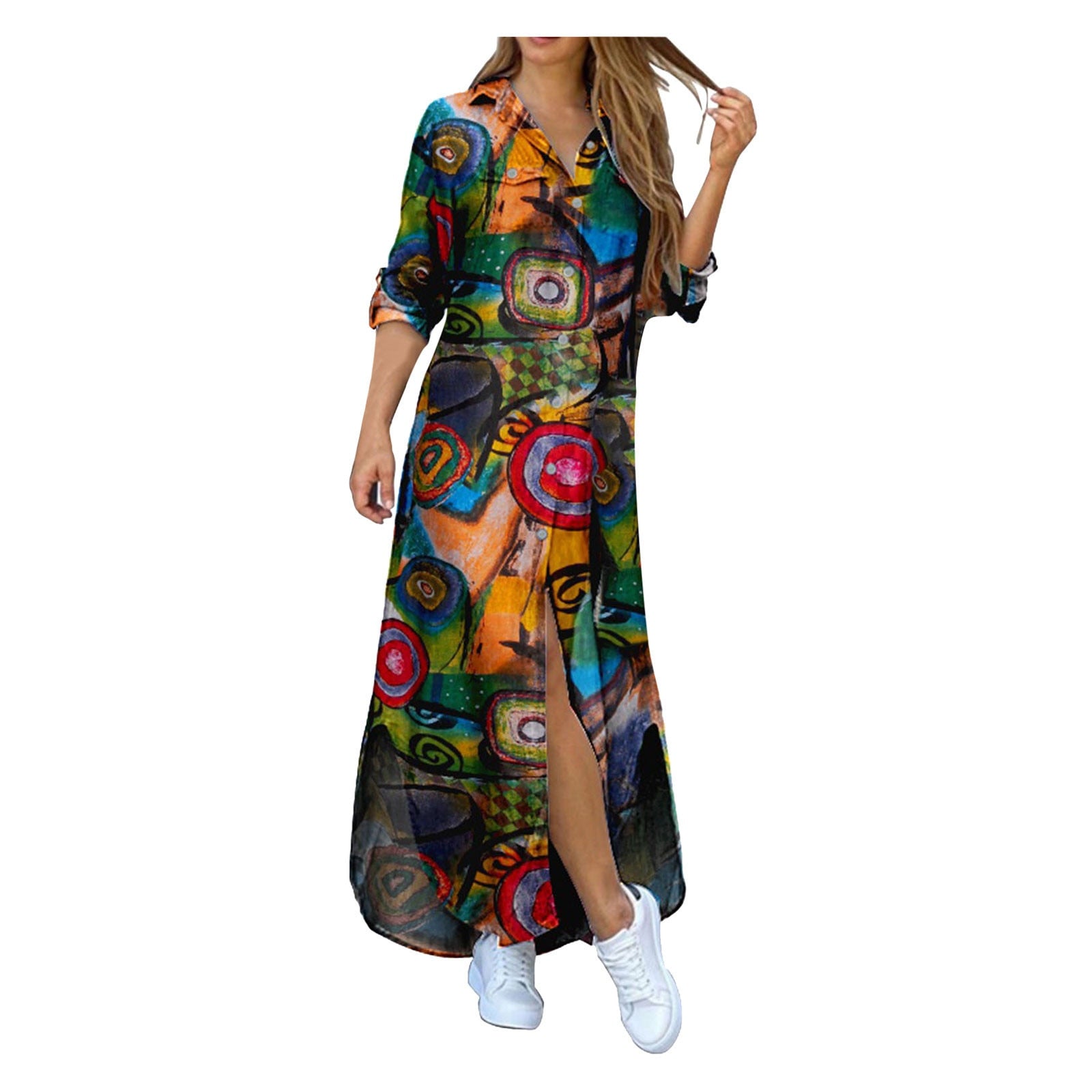 Womens Fashion Floral Print Shirt Maxi Dress V Neck Bottoned Half Sleeve Zip Up Evening Party