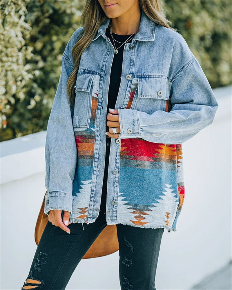 Jeans Casual Jackets Autumn Winter New Aztec Lapel Pocket Denim
