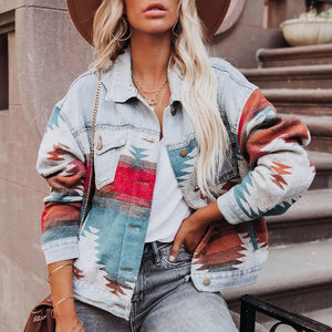 Retro Denim Jacket 2022 New Long Sleeved Lapel Loose Denim Stitching Woolen Jacket Female Vintage