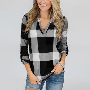 Fashion Women Roll Up Long Sleeve Sexy V-neck Tee Top Plaid Blouse Shirt