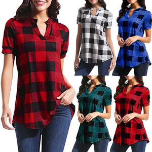 Women's Plaid Blouse Casual Short Sleeve Cotton V-neck