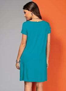 Turquoise Dress With Pockets And Short Sleeves