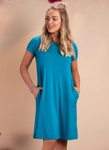 Turquoise Dress With Pockets And Short Sleeves